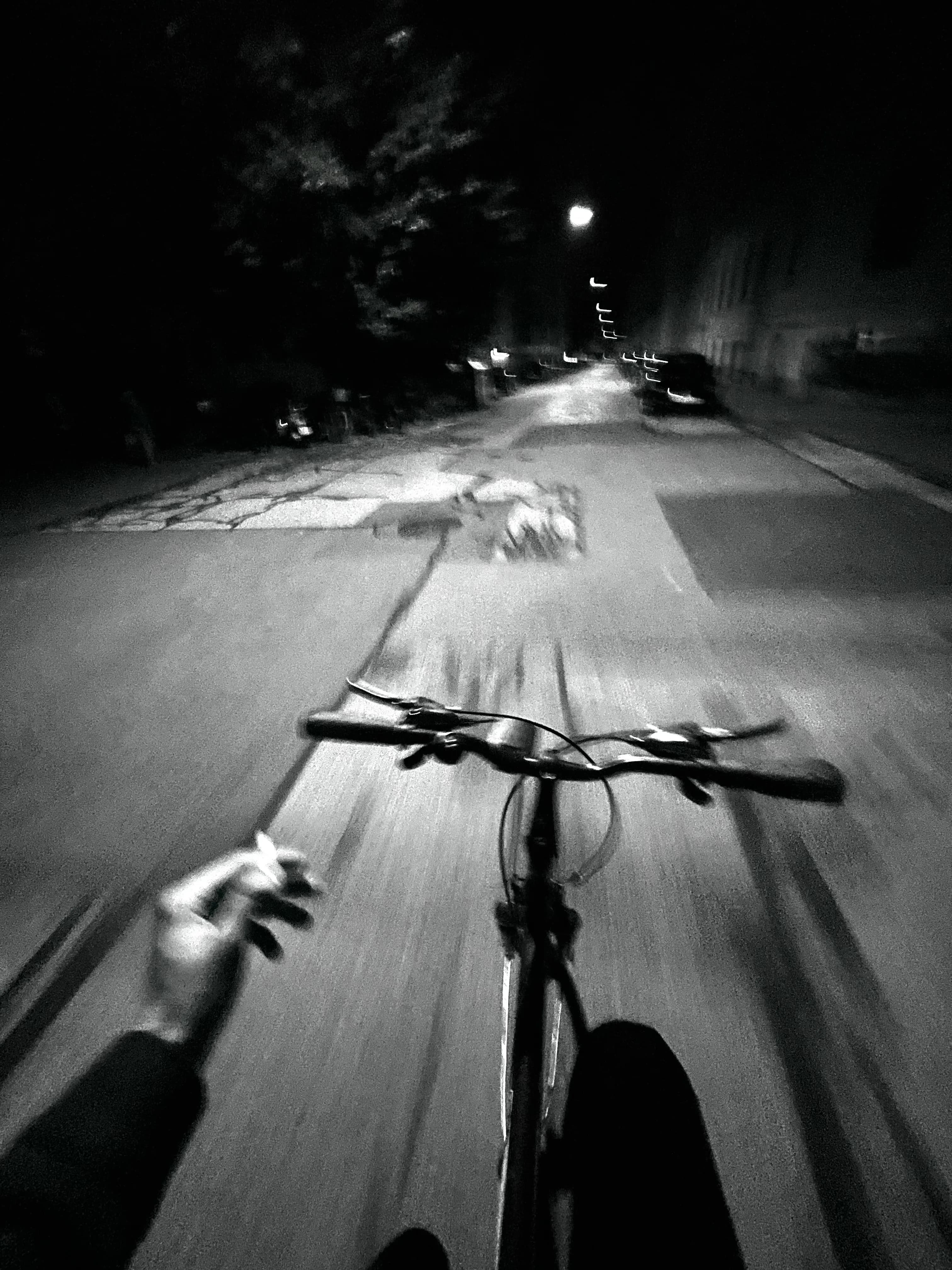 View over bicycle handlebars while riding along a street at night