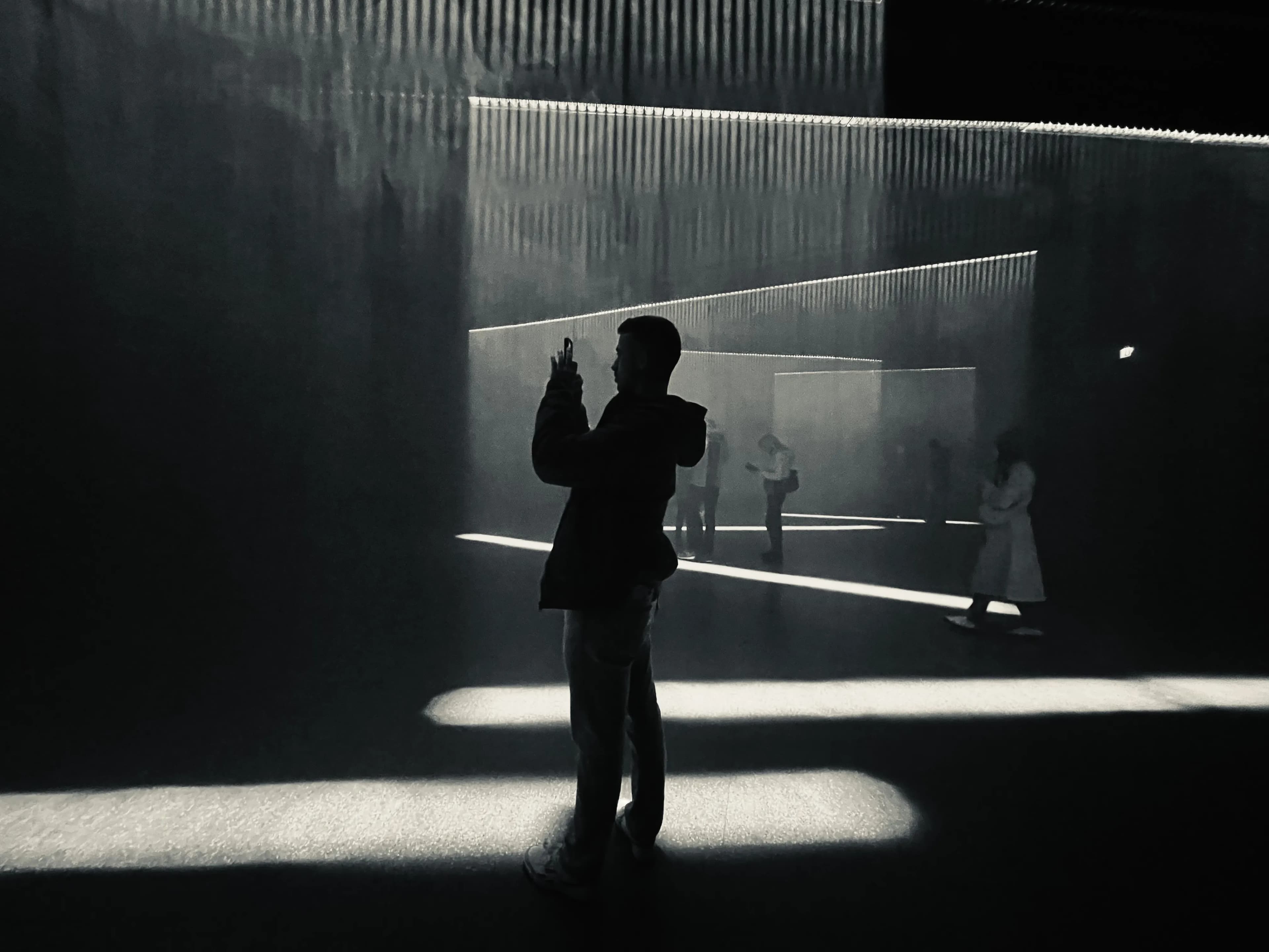 Silhouetted person standing in shafts of light in a dark interior