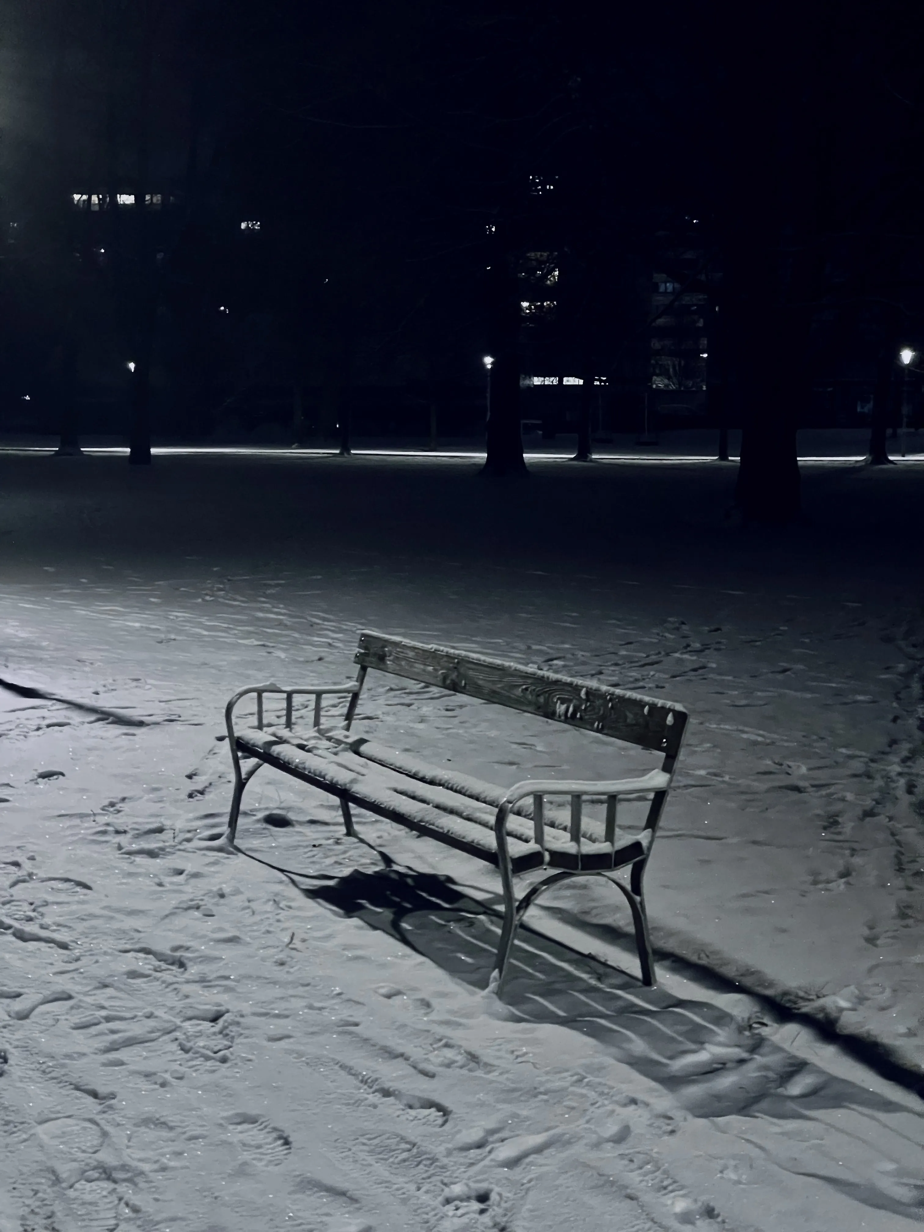 Empty park bench casting a shadow across snow at night
