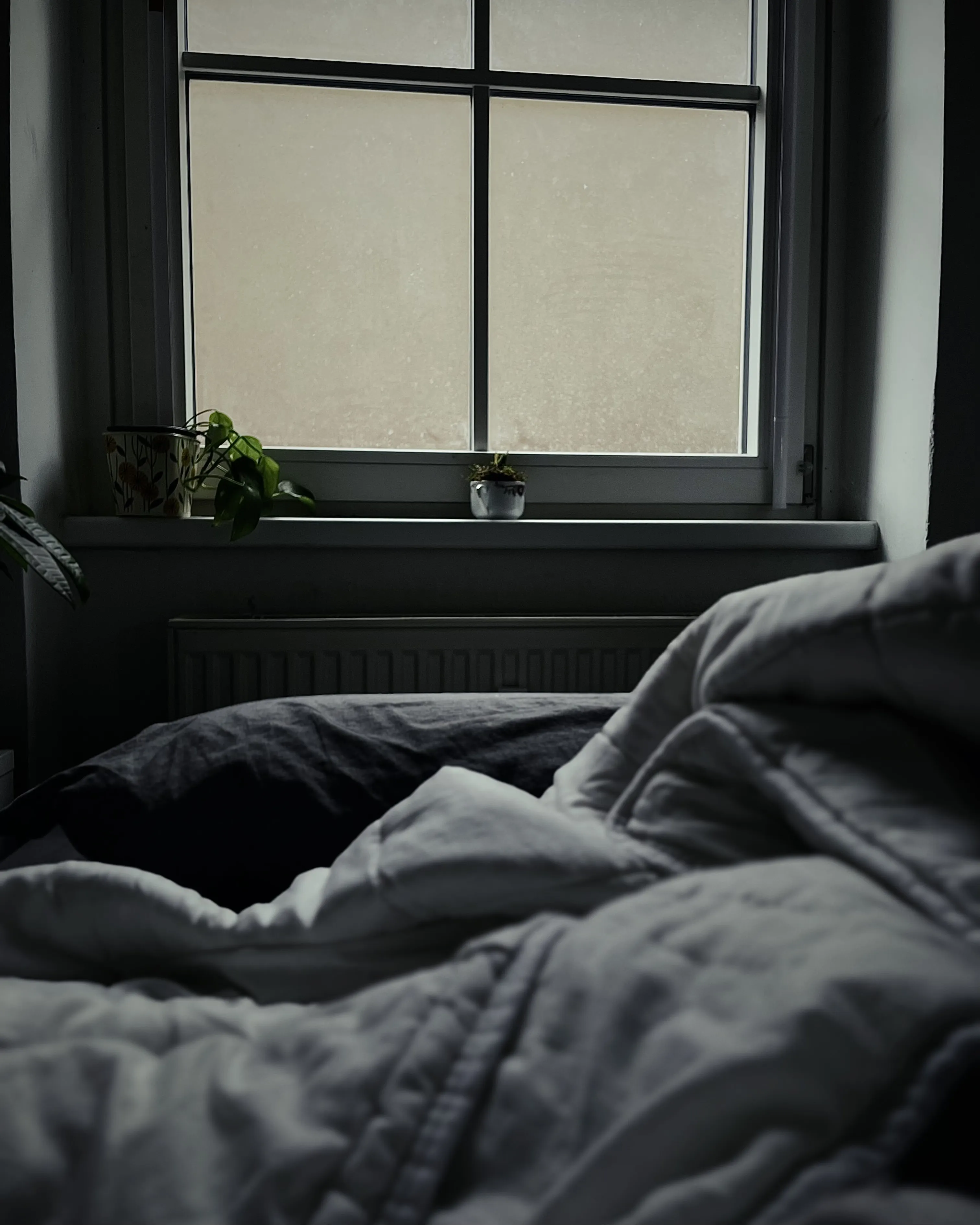 Soft window light falling across rumpled bedding in a dark room