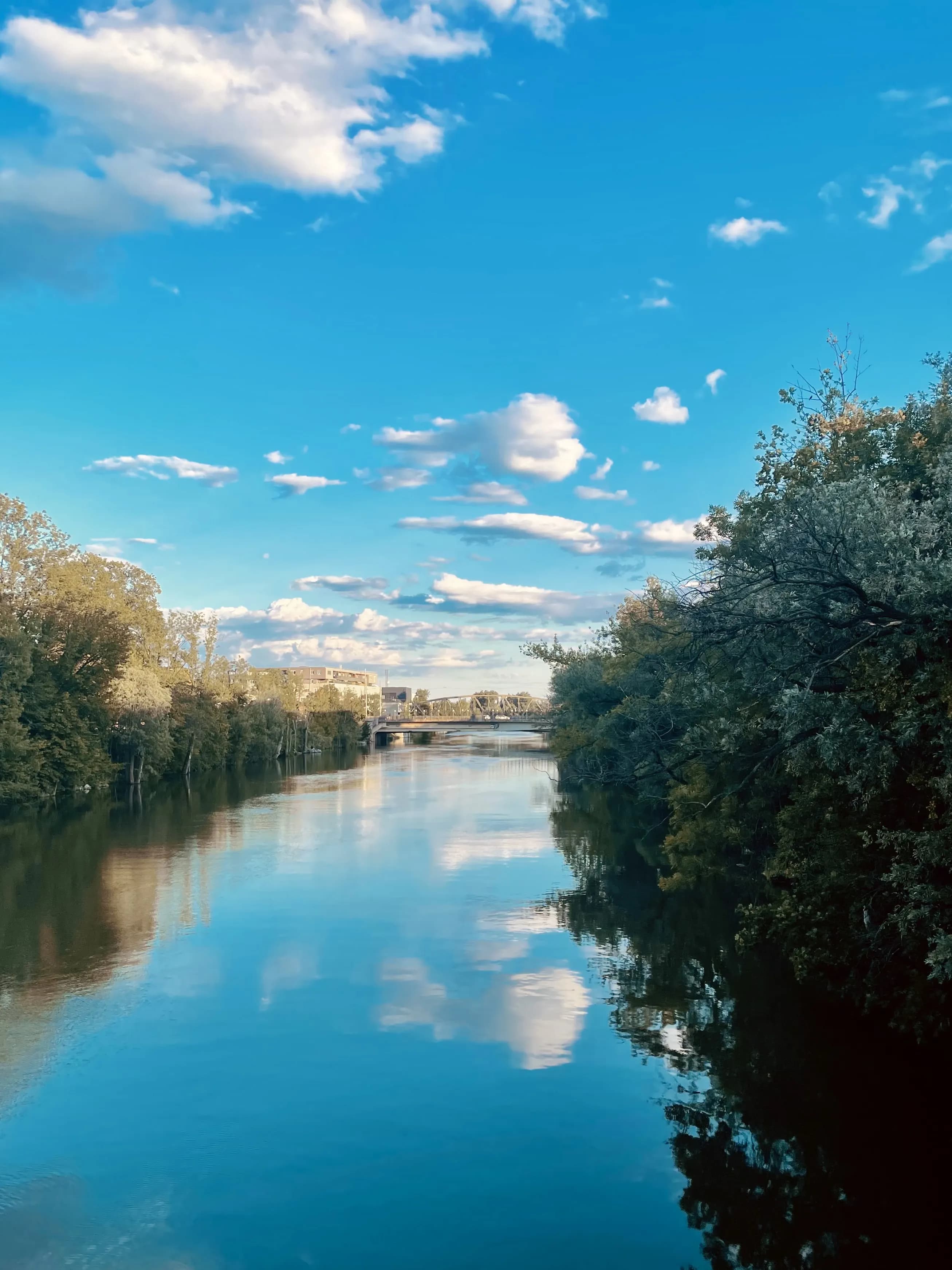 Blue sky and clouds reflected in a calm river lined with trees